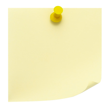 Yellow post-it note pinned on a pure white background. Waiting for your message.の写真素材