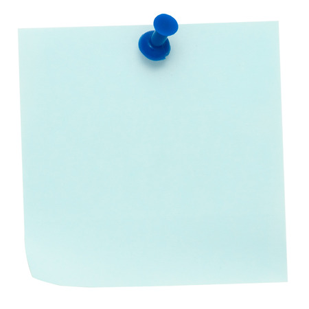 Blue post-it note pinned on a pure white background. Waiting for your message.の写真素材
