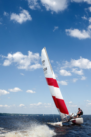 Kyiv, Ukraine - May 22, 2010: Sailboats participate in Hetman Cup regatta on May 20 th 2010 in Kyiv sea (Dnipro river), Kyiv, Ukraine. This is the eleventh season of the Vadym Hetman Cup, the most prestigious national regatta competitionin Ukraine.のeditorial素材