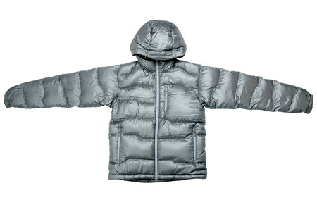 Gray down jacket isolated on white backgroundの写真素材