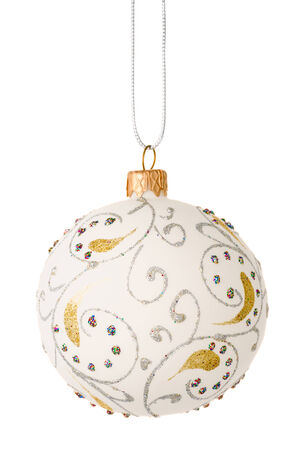 Beautiful white christmas balls with crystals isolated on a white background.の写真素材