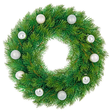 Christmas wreath with white and silver baubles isolated on white background.の写真素材