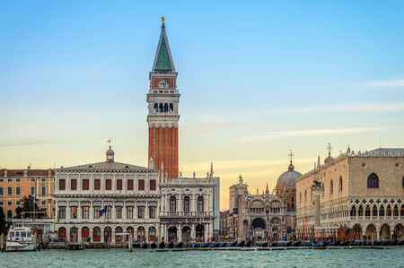 Venice landmark, view from sea of Piazza San Marco or st Mark square, Campanile and Ducale or Doge Palace. Italy, Europe.のeditorial素材