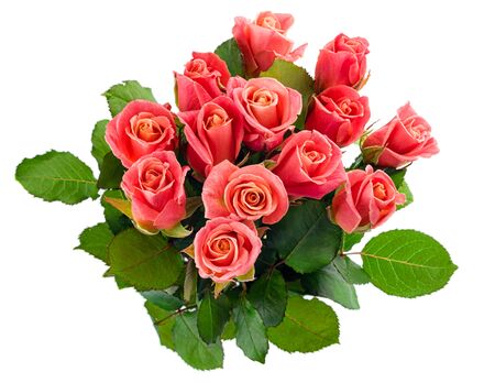 Pink roses bouquet isolated on white background, from above.の写真素材