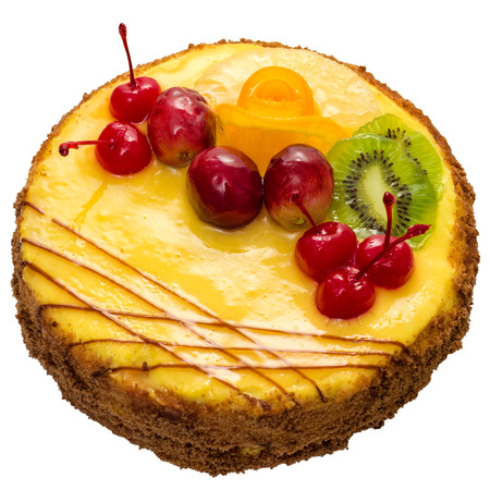 Cake with fruits isolated on white, angle view.の写真素材