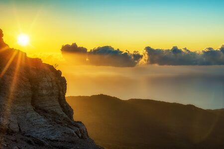 Sunrise in mountains, nature background. Photo taken on Ay Petri peak, Ukraine.の写真素材