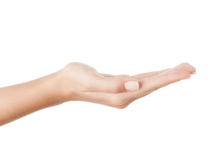 Open palm holding something invisible against pure white background.の写真素材