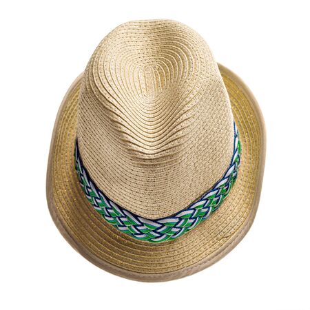 Summer panama straw hat with green band isolated on white background.の写真素材