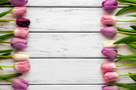 Beautiful multicolored tulips on wooden background. Top view, copy space. Space for text, copy, lettering. Postcard template.の写真素材