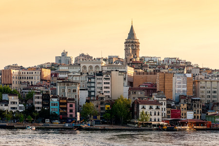 View of Istanbul with Galata Tower at sunset, Istanbul, Turkey.の写真素材