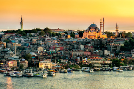 Istanbul, Turkey - April 16, 2016: Istanbul city view with Suleymaniye mosque from Galata Bridge on the sunset, Istanbul, Turkey.のeditorial素材