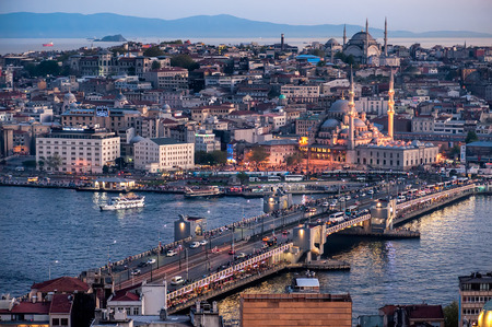 Istanbul, Turkey - April 16, 2016: Galata Bridge on the Golden Horn, with Eminonu district in the background, as seen from the Galata Tower at night on 16th of April 2016, Turkey, Istanbul.のeditorial素材