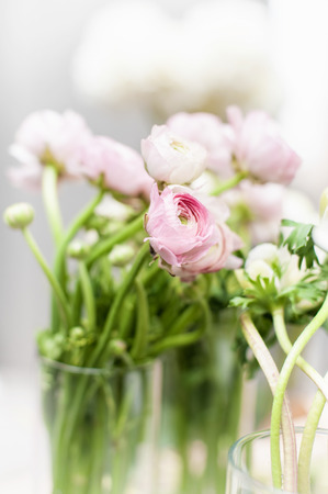 Bunch of white and pink eustoma flowers in vase. High key natural backgrouns, shallof DOF, soft focus, vertical composition.の写真素材