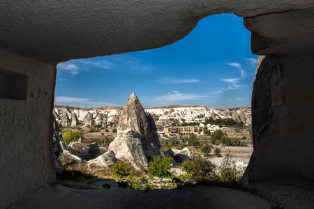 View from Sakli church, window to Cappadocia, Unique geological formations, Cappadocia, Turkey. Frame composition.の写真素材