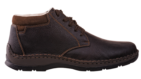 One ankle-high winter men boot over white background, side view, with path.の写真素材