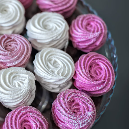 Pink and white marshmallows (meringue,zephyr), soft selective focus background. Square composition.の写真素材