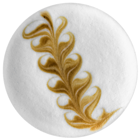 Top view of hot coffee latte art foam isolated on white background, leaf shape foam top.の写真素材