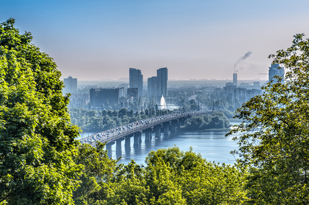 Aerial top view of Paton bridge and Dnieper river from Hryshko National Botanical Garden, Kiev, Ukraine.の写真素材
