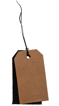 Empty tag on a string. Blank sale or price tag made of cardboard and black leather.の写真素材