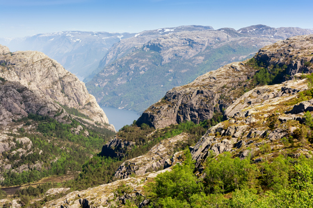 Preikestolen (Pulpit View of the Lysefjorden fjord. Made from the Preikestolen (Pulpit Rock) in Southern Norway on a sunny day.の写真素材