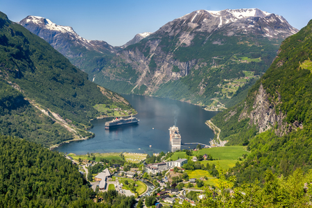 Geiranger Fjord with ships seen from Flydalsjuvet Viewpoint, The West Norwegian Fjords, Norwayの写真素材