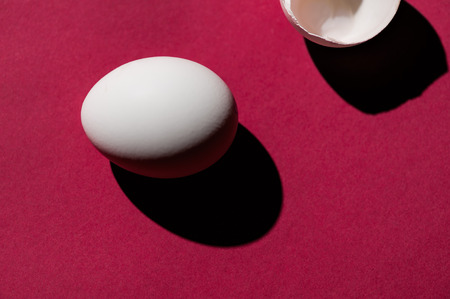 Top view of cracked egg shell and whole egg on saturated pink background. Food fashion minimalistic concept. Photo taken on workshop.の写真素材
