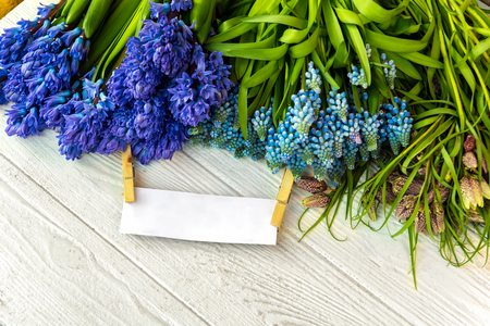 Spring flowers background with purple and blue muscari and hyacinth flowers and empty tag. Flat lay. Top view with place for text.の写真素材