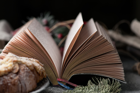 Christmas concept - book, christmas decorations and croissants on table. Christmas postcard. Selective focus, shallow DOF. Photo taken on the workshop.の写真素材
