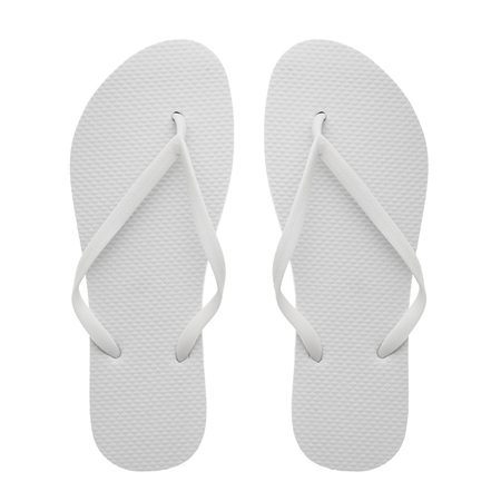 rubber flip-flops isolated over white background, pair of thongs, shot above.の写真素材