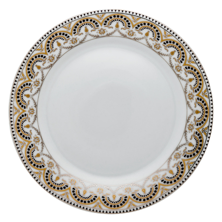 Empty white ceramic dinner plate with golden ornament border from above isolated on white.の写真素材