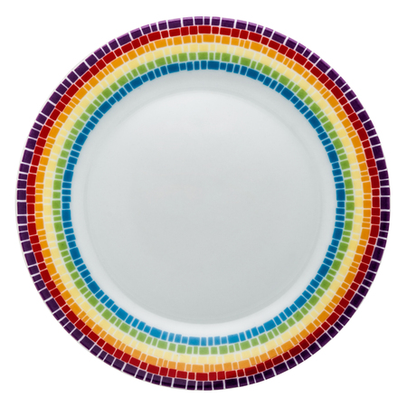 Empty white ceramic dinner plate with rainbow from above isolated on white.の写真素材