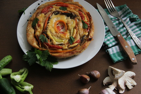 Food on a brown wooden table. A hen. Hot dish. Kitchenの写真素材