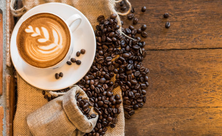 cup of coffee with latte art on vintage wooden tableの写真素材