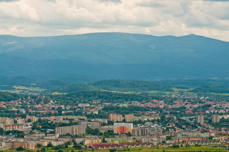 town at the foot of mountainsの写真素材