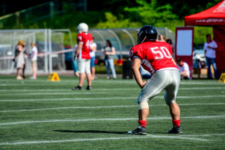 american football player with out of focus players in the background 