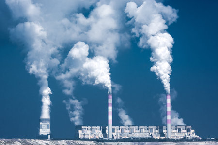big factory with smoky chimneys and blue sky