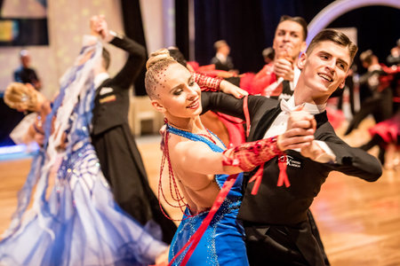 KOLOBRZEG, POLAND - FEBRUARY 27: Competitors dancing slow waltz at the Polish Championship in the...