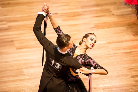 KOLOBRZEG, POLAND - FEBRUARY 27: Competitors dancing slow waltz at the Polish Championship in the ballroom standard dance on February 27, 2016 in Kolobrzeg, Polanのeditorial素材
