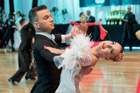 KOLOBRZEG, POLAND - FEBRUARY 27: Competitors dancing slow waltz at the Polish Championship in the ballroom standard dance on February 27, 2016 in Kolobrzeg, Polandのeditorial素材