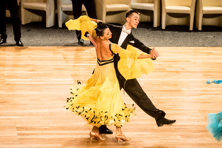 KOLOBRZEG, POLAND - FEBRUARY 27: Competitors dancing slow waltz at the Polish Championship in the...