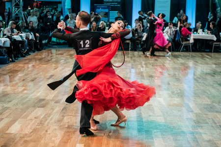 KOLOBRZEG, POLAND - FEBRUARY 27: Competitors dancing slow waltz at the Polish Championship in the ballroom standard dance on February 27, 2016 in Kolobrzeg, Polandのeditorial素材