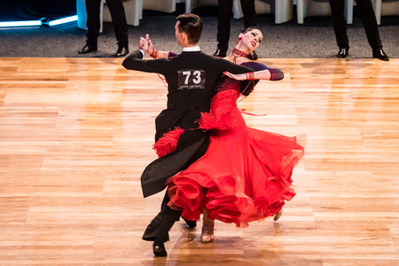 KOLOBRZEG, POLAND - FEBRUARY 27: Competitors dancing slow waltz at the Polish Championship in the...
