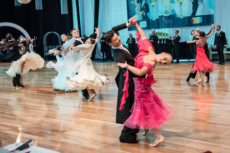 KOLOBRZEG, POLAND - FEBRUARY 27: Competitors dancing slow waltz at the Polish Championship in the ballroom standard dance on February 27, 2016 in Kolobrzeg, Polandのeditorial素材