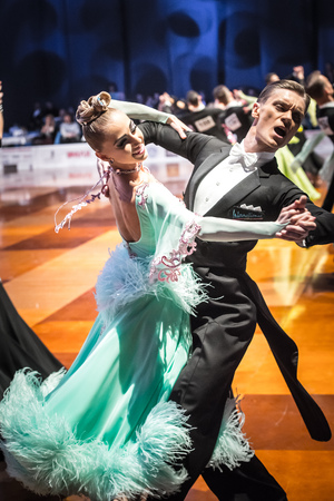 RUMIA, POLAND - MARCH 20: Dancers dancing ballroom dance at the Polish Polish Grand Prix in dance on March 20, 2016 in Rumia, Polandのeditorial素材