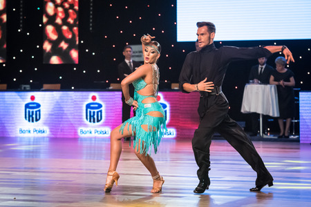 Wroclaw, Poland - May 14, 2016: An unidentified dance couple in dance pose during World Dance Sport Federation European Championship Standard Dance, on May 14 in Wroclaw, Polandのeditorial素材