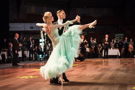 Wroclaw, Poland - May 14, 2016: An unidentified dance couple in dance pose during World Dance Sport Federation European Championship Standard Dance, on May 14 in Wroclaw, Polandのeditorial素材