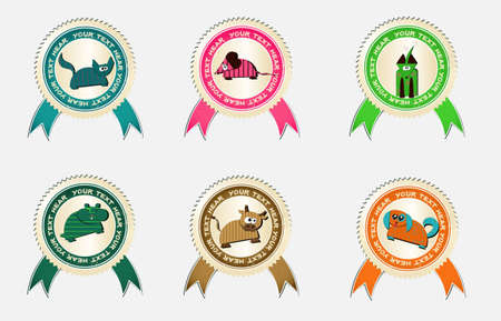 vintage vector labels with funny cow, dog, cat, mouse and puppy のイラスト素材