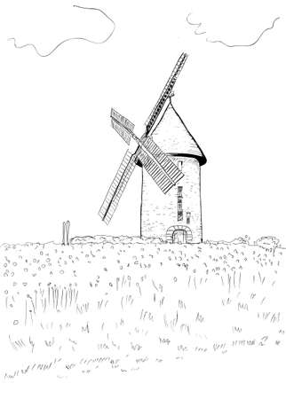  A hand drawn landscape with a windmill    のイラスト素材