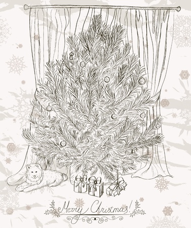 Vintage Christmas card with Christmas tree, presents and cute puppy. のイラスト素材