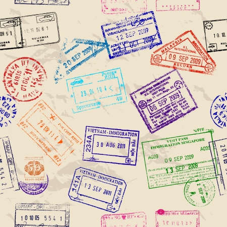 Seamless texture with real visa stamps from 9 countries. のイラスト素材